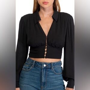 AFRM Lauretta V-Neck Crop Top Long Sleeve Black Size Small NEW